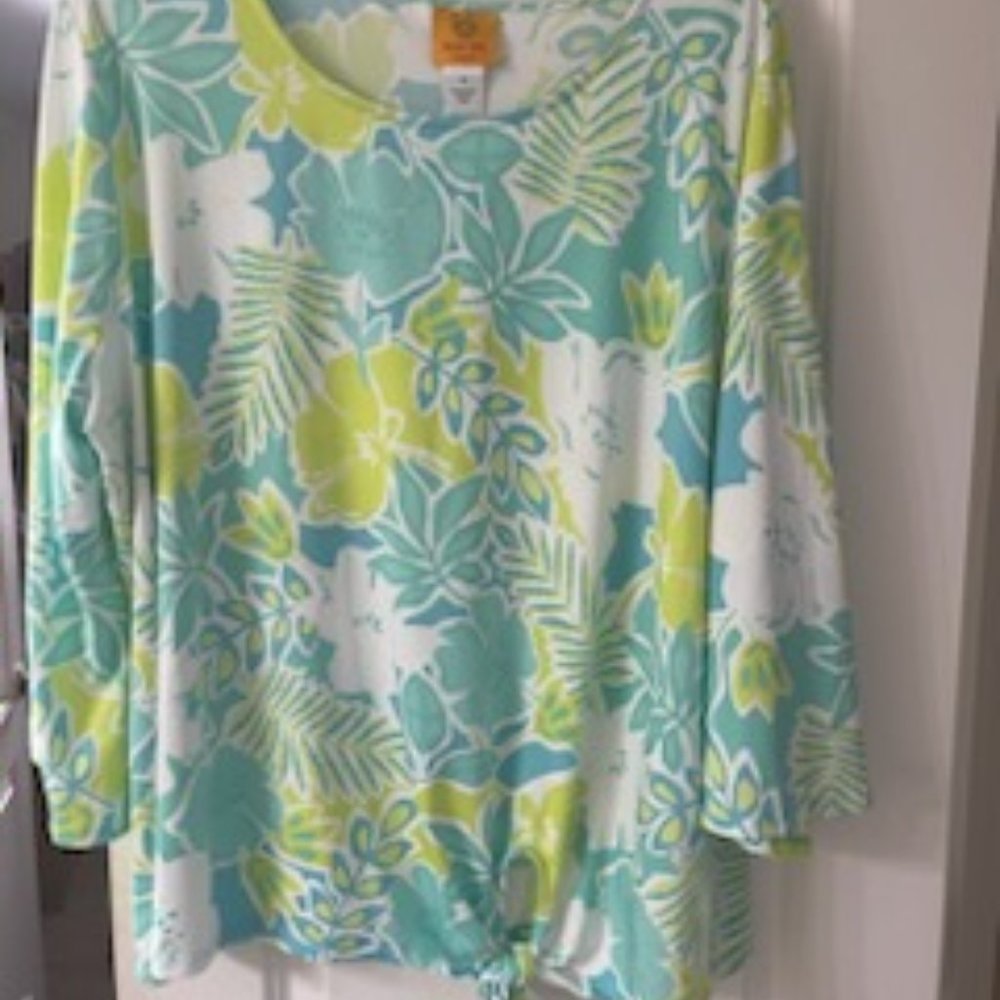 Plus Size Knit Tropical Side Tie  Print Top